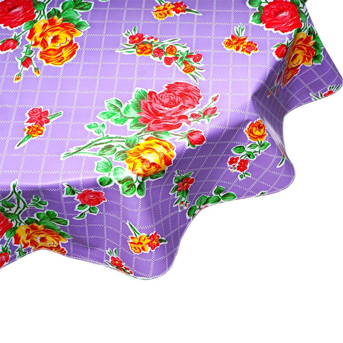 freckled sage round rose and grid purple oilcloth tablecloth