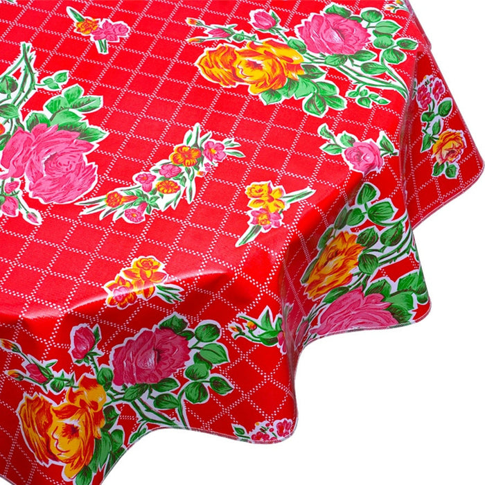 freckled sage round rose and grid red oilcloth tablecloth