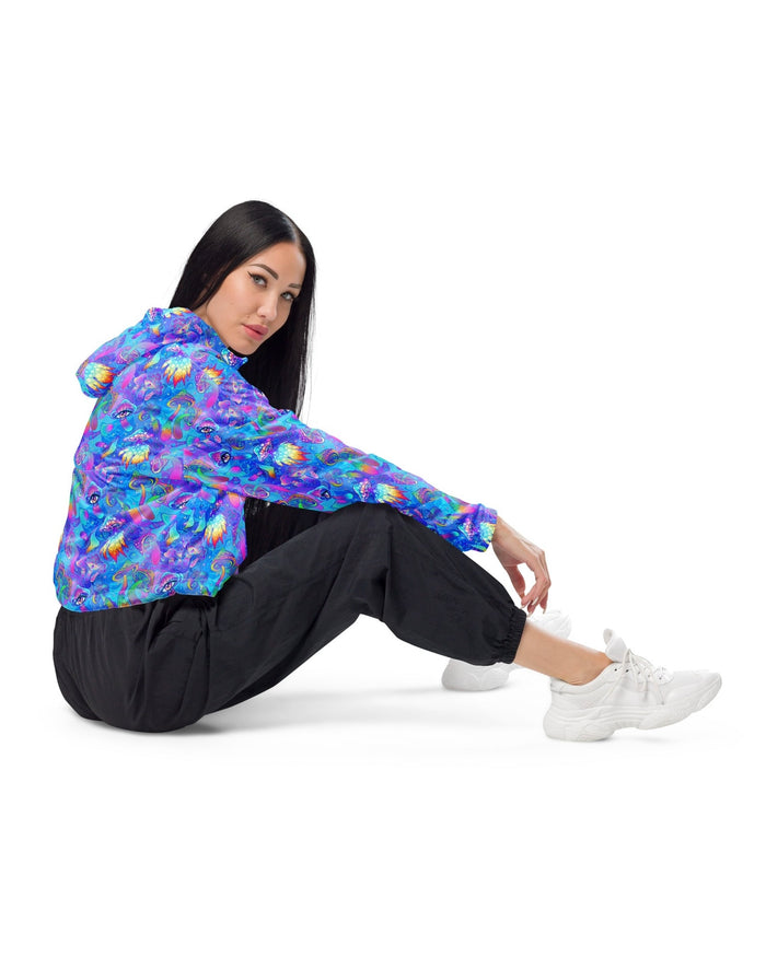 Shroomin Blue Cropped Windbreaker, Zip-Up Jacket, - One Stop Rave