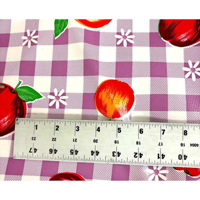 Slightly Imperfect 47" Round Gingham and Fruit Purple Oilcloth Tablecloth