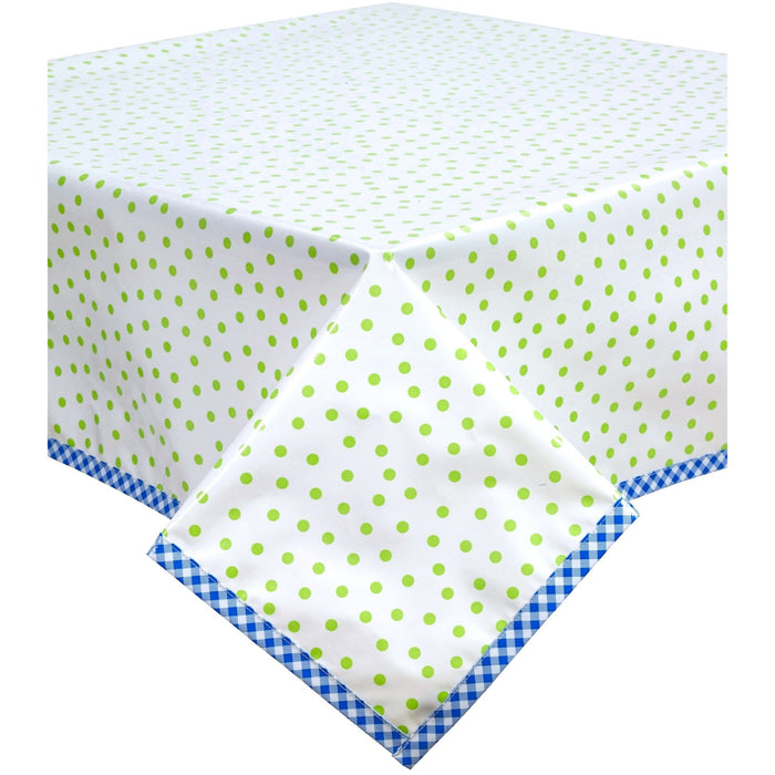 freckled sage dot lime green oilcloth tablecloth with blue gingham trim