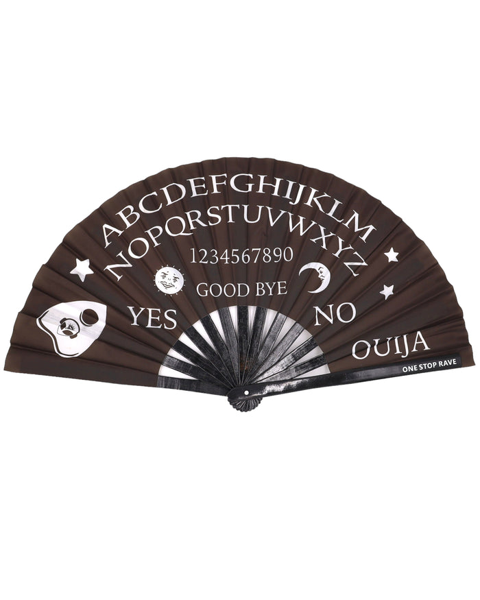 Wake the Dead hand fan dark brown Ouija board design open view