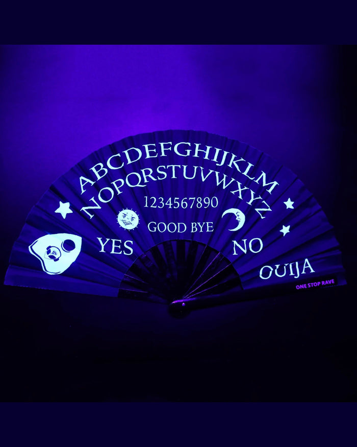 Wake the Dead hand fan glowing white under blacklight UV-Reactive