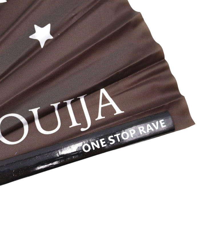 Wake the Dead hand fan Ouija text and One Stop Rave handle close up.